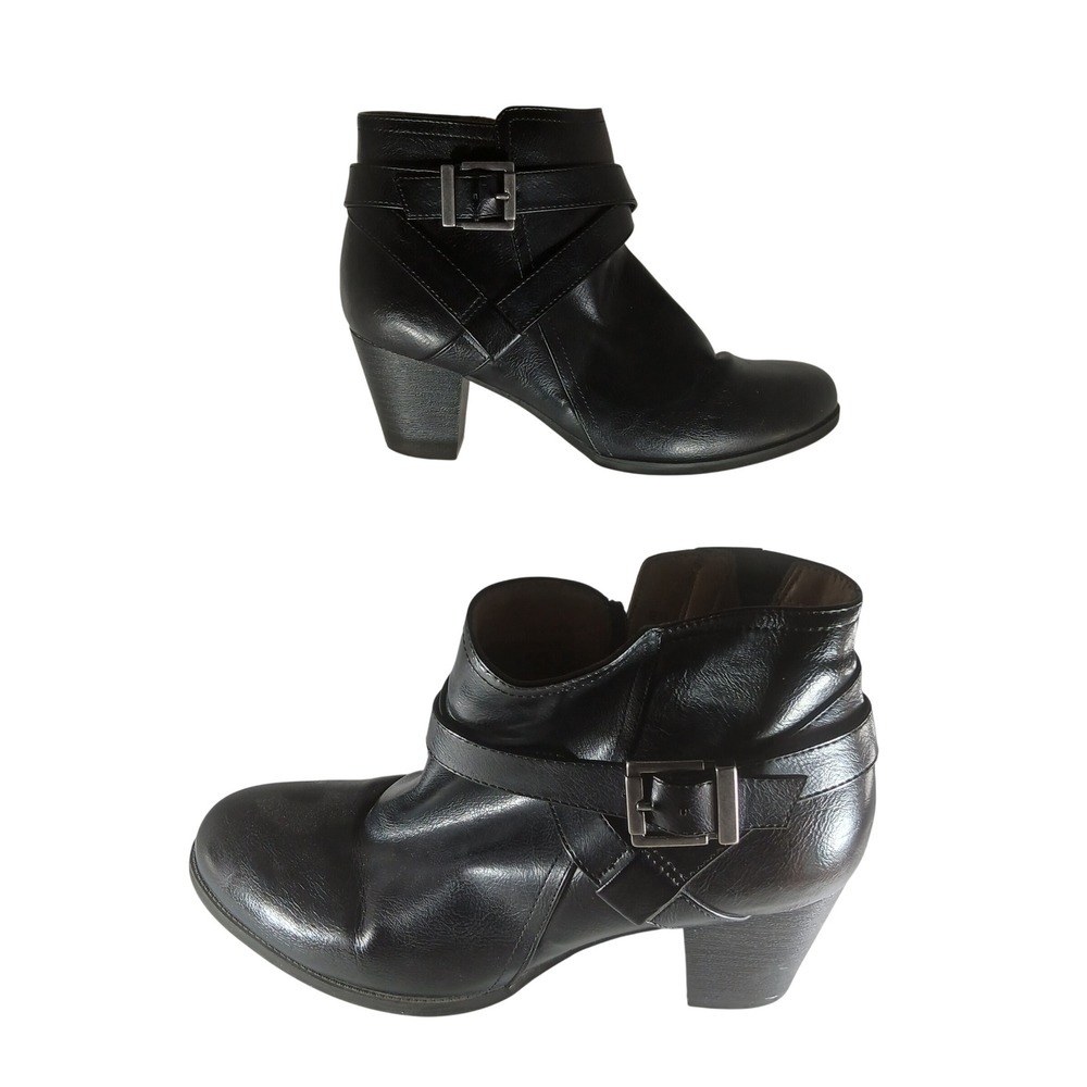 Abella Joanie Ankle Boots 8M Black Buckle Strap Block Heel Zip Comfort Booties